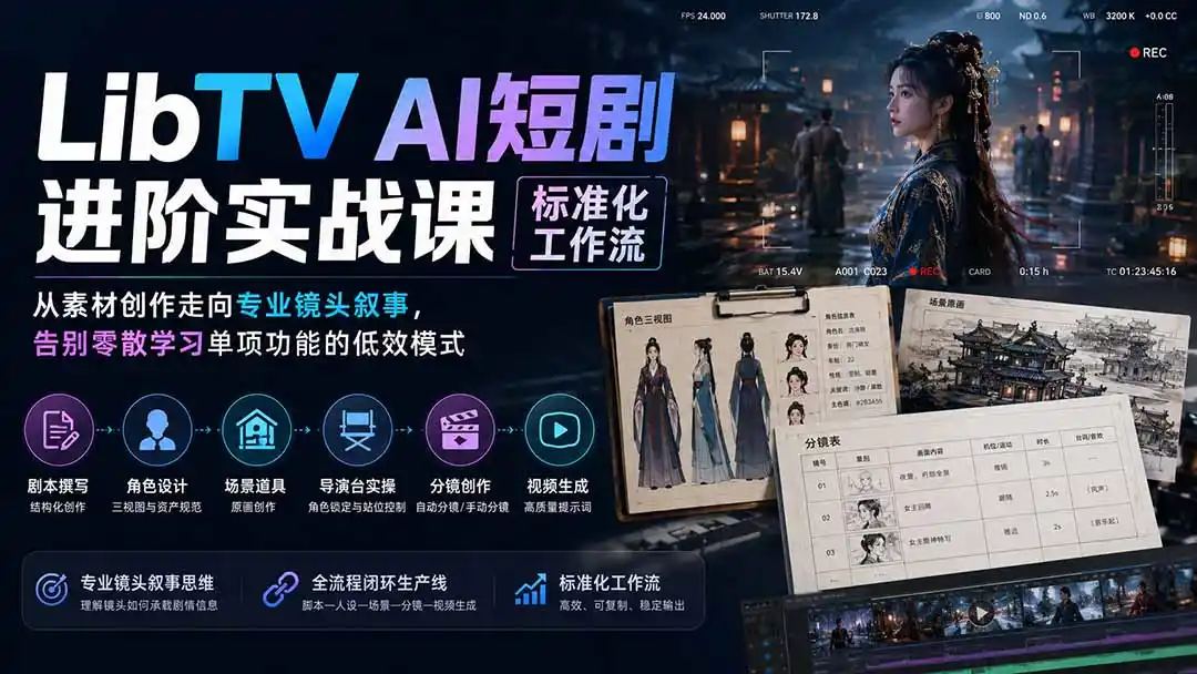 LibTV AI短剧进阶实操课标准化工作流；从素材创作走向专业镜头叙事，告别零散学习单项功能的低效模式-造梦栈