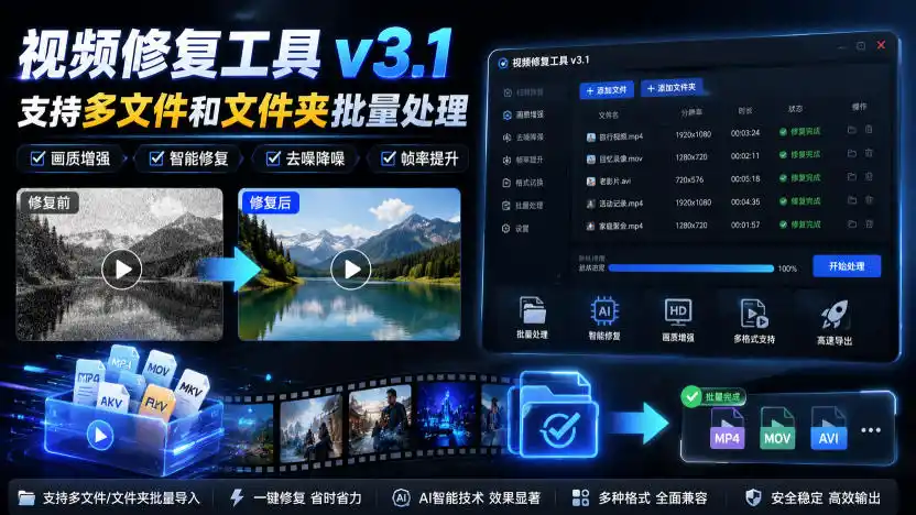 视频修复工具v3.1，支持多文件和文件夹批量处理-造梦栈